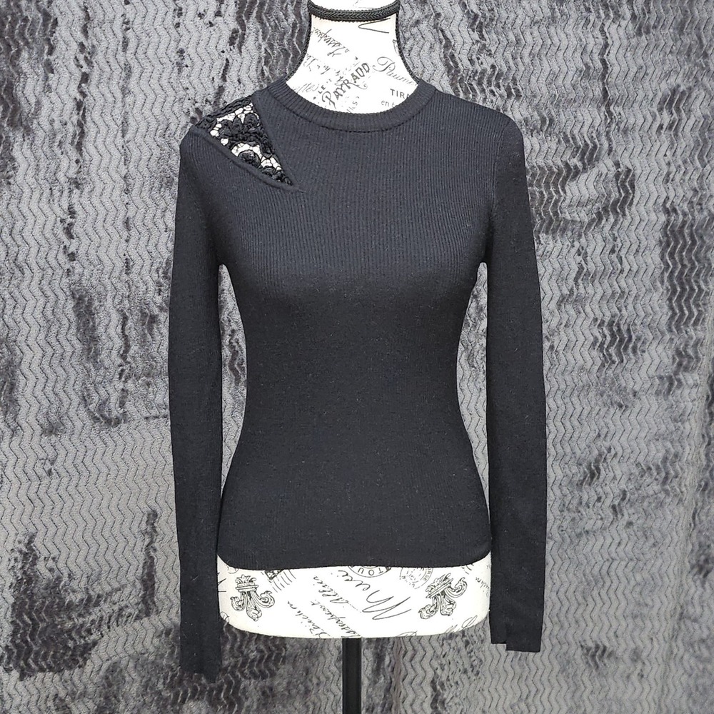 A.L.C. Sweater Womens S Black Merino Wool Lace Cutout Ribbed Luxury Designer